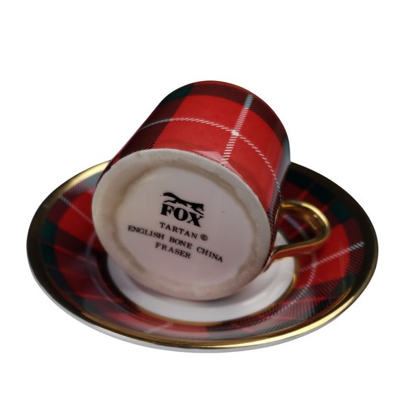 Fox Tartan Plaid Green Red Demitasse Cup Saucer Sets English Bone China Fraser - Picture 6 of 11